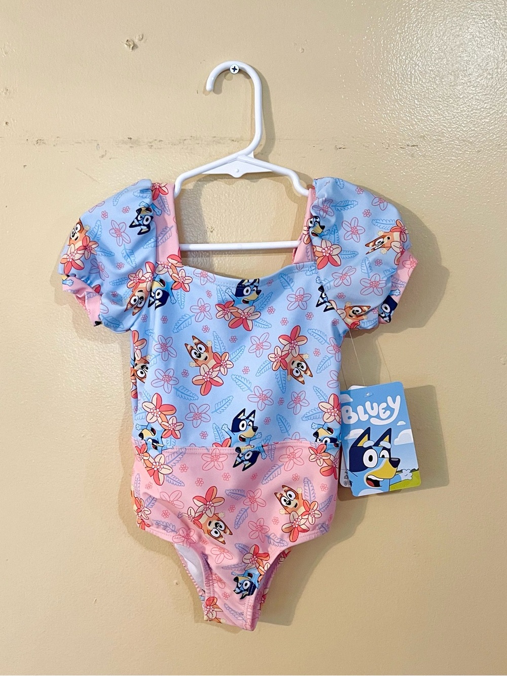 Bluey Girls Puff Sleeve Swimsuit - Blue & Pink Floral